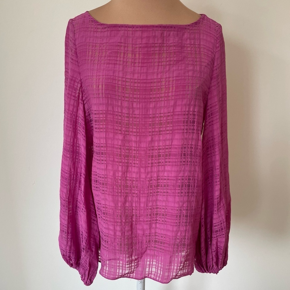 Carolina Herrera Woven Viscose Pink Semi Sheer 3/4 Balloon Sleeve Blouse EUC 4